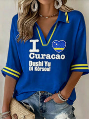 Frauen blau Curacao Herz druck lässig V-Ausschnitt Polo-Shirt