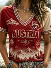 Damen Österreich Fußball bedrucktes lässiges T-Shirt mit V-Ausschnitt