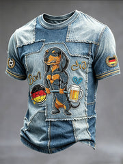 Herren-Vintage-Denim-Patchwork-Casual-T-Shirt mit deutschem Fußball- und Welpenprint