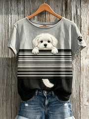 Frauen Peeking Malteser Hund Color block Print Kurzarm T-Shirt