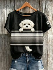 Frauen Peeking Malteser Hund Color block Print Kurzarm T-Shirt