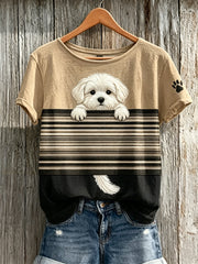 Frauen Peeking Malteser Hund Color block Print Kurzarm T-Shirt