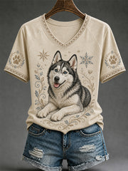 Damen Retro Hund Print lässiges T-Shirt mit V-Ausschnitt