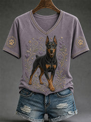 Damen-Retro-T-Shirt mit Hunde-Print und V-Ausschnitt für den Alltag