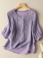 Damen-T-Shirt aus Baumwoll-Leinen mit Blumen kleidung