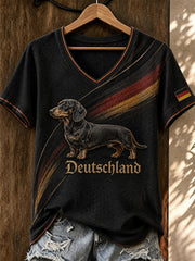 Damen Dackel Bedrucktes T-Shirt mit V-Ausschnitt