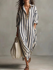 Damenurlaub Bohemian gestreiftes Langarm-Hemdkleid