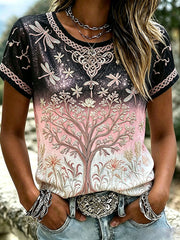 Damen Viking Tree Of Life & Libelle Print Leinen Kurzarm T-Shirt