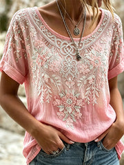 Damen-Vintage-Keltischer Knoten mit Blumenkunst druck Kurzarm-T-Shirt aus Leinen