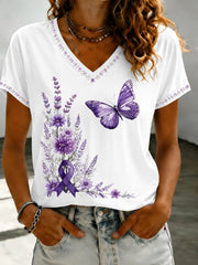 Damen T-Shirt mit V-Ausschnitt und lila Flora Kunst bedruckt