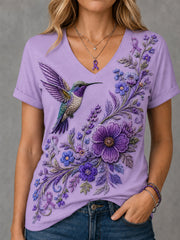 Damen-T-Shirt mit violetter Blumen- und Kolibri-Print-Aufschrift zur Sensibilisierung für Alzheimer, V-Ausschnitt