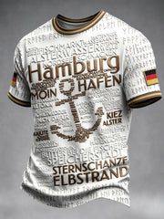 Herren-T-Shirt in Weiß mit deutschem Hamburger Schriftzug im Retro-Print, lässig geschnitten