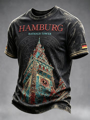 Herren-T-Shirt in Schwarz, im Vintage-Stil mit Hamburg-Print, lässig geschnitten