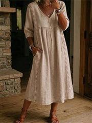 Damen-Maxi kleid mit einfachen Spitzen-Patchwork-Plissee mit mittleren Ärmeln