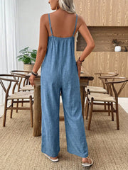 Damen-Lässiger eintöniger Spaghettiträger-Jumpsuit mit weitem Bein