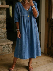 Damen-Maxi kleid mit einfachen Spitzen-Patchwork-Plissee mit mittleren Ärmeln