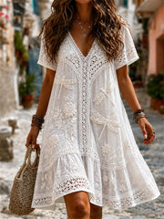Damen-Boho-Minikleid mit Libellen- und Blumenmuster, Spitzen-Print, fließendem Schnitt und kurzen Ärmeln