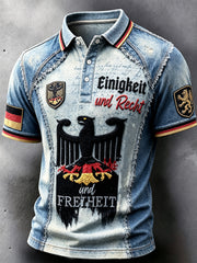 Herren-Poloshirt in Blau mit deutschem Adler, Fußball- und Jeans-Patchwork-Print, lässig geschnitten