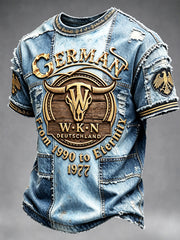 Men’s Blue German Wacken Music Festival Denim Patchwork Print Casual T-shirt