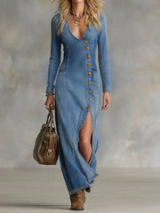 Damen Vintage Jeans kleider mit V-Ausschnitt