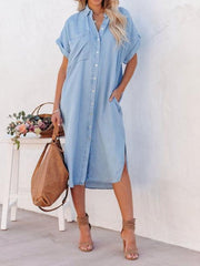 Damen leichtes mittellanges Jeans hemd kleid