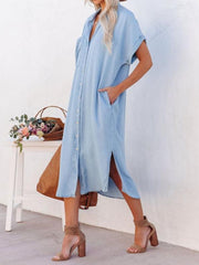 Damen leichtes mittellanges Jeans hemd kleid