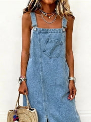 Damen Lässiges mittellanges Denim-Jumper-Kleid