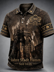 Herren Deutsches Hamm 800-Jahr-Jubiläum Retro-Print Freizeit-Polo-Shirt