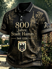 Herren-Poloshirt in Schwarz mit dekorativem Druck zum 800. Jubiläum der Stadt Hamm – lässiger Freizeitstil