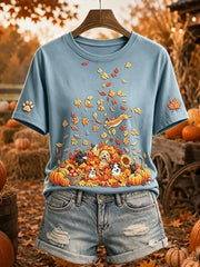 Damen niedliche Hunde und Katzen Herbst Kunstdruck Kurzarm-T-Shirt