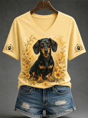 Damen-Retro-T-Shirt mit Hunde-Print und V-Ausschnitt für den Alltag