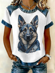 Damen Patchwork Waffel lässiges T-Shirt mit Hunde druck
