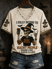 Frauen-Freizeit-T-Shirt mit witzigem Halloween-Schädel- und Hexen-Print und V-Ausschnitt