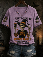 Frauen-Freizeit-T-Shirt mit witzigem Halloween-Schädel- und Hexen-Print und V-Ausschnitt