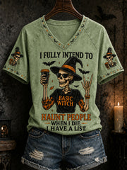 Frauen-Freizeit-T-Shirt mit witzigem Halloween-Schädel- und Hexen-Print und V-Ausschnitt