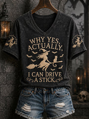 Frauen‑Lustiges Halloween‑Hexen‑Warum, ja, tatsächlich kann ich Schaltgetriebe fahren – bedrucktes Freizeit‑V‑Ausschnitt‑T‑Shirt