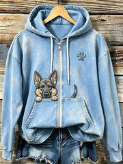 Frauen-Kapuzenpullover mit niedlichem, hervorlugendem Deutschen Schäferhund und Pfotenabdruck, kuschelig und mit Reißverschluss