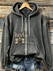 Frauen-Kapuzenpullover mit niedlichem, hervorlugendem Deutschen Schäferhund und Pfotenabdruck, kuschelig und mit Reißverschluss