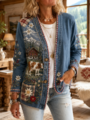 Damen-Strickjacke im österreichischen Landhausstil aus Denim, lässig geschnitten