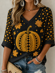 Damen Herbst Halloween Kürbis Kunst Druck Mittellange Ärmel V-Ausschnitt T-Shirt