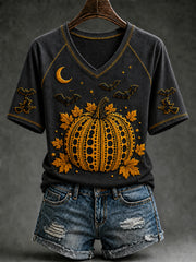 Damen-Herbst-T-Shirt mit Halloween-Kürbis-Print und kurzen Ärmeln