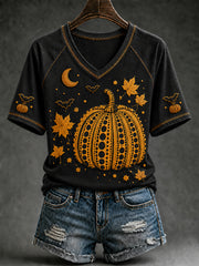 Damen-Herbst-T-Shirt mit Halloween-Kürbis-Print und kurzen Ärmeln