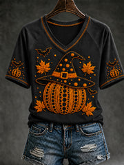 Damen-Herbst-T-Shirt mit Halloween-Kürbis-Print und kurzen Ärmeln