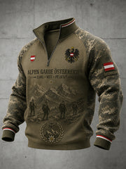Herren-Top im Vintage-Militärstil mit Camouflage-Print, Raglanärmeln und durchgehendem Reißverschluss