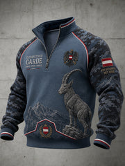 Herren-Top im Vintage-Militärstil mit Camouflage-Print, Raglanärmeln und durchgehendem Reißverschluss