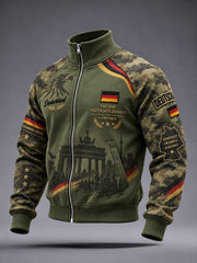 Gedenk-Grafikdruck-Langarmjacke mit Stehkragen zum Tag der Einheit der Männer
