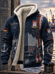 Herrenjacke mit langen Ärmeln und Kapuze, versehen mit einem urbanen Gedenkgrafik-Print