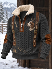 Herren-Jacke im Vintage-Western-Stil mit Jagdmotiv, lässig, Stehkragen und Kragen aus Kunstfell