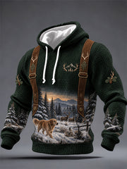 Herren-Vintage-Western-Jagdmotiv-Druck Freizeit-Waffelstrick-Kapuzenpullover