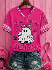 Frauen Halloween Brustkrebs Rosa Blumen Bedrucktes T-Shirt mit V-Ausschnitt